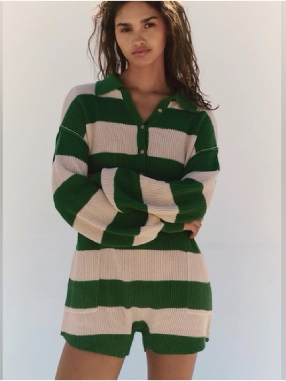 Free People Green/Tan Striped Picnic Sweater Romper Large